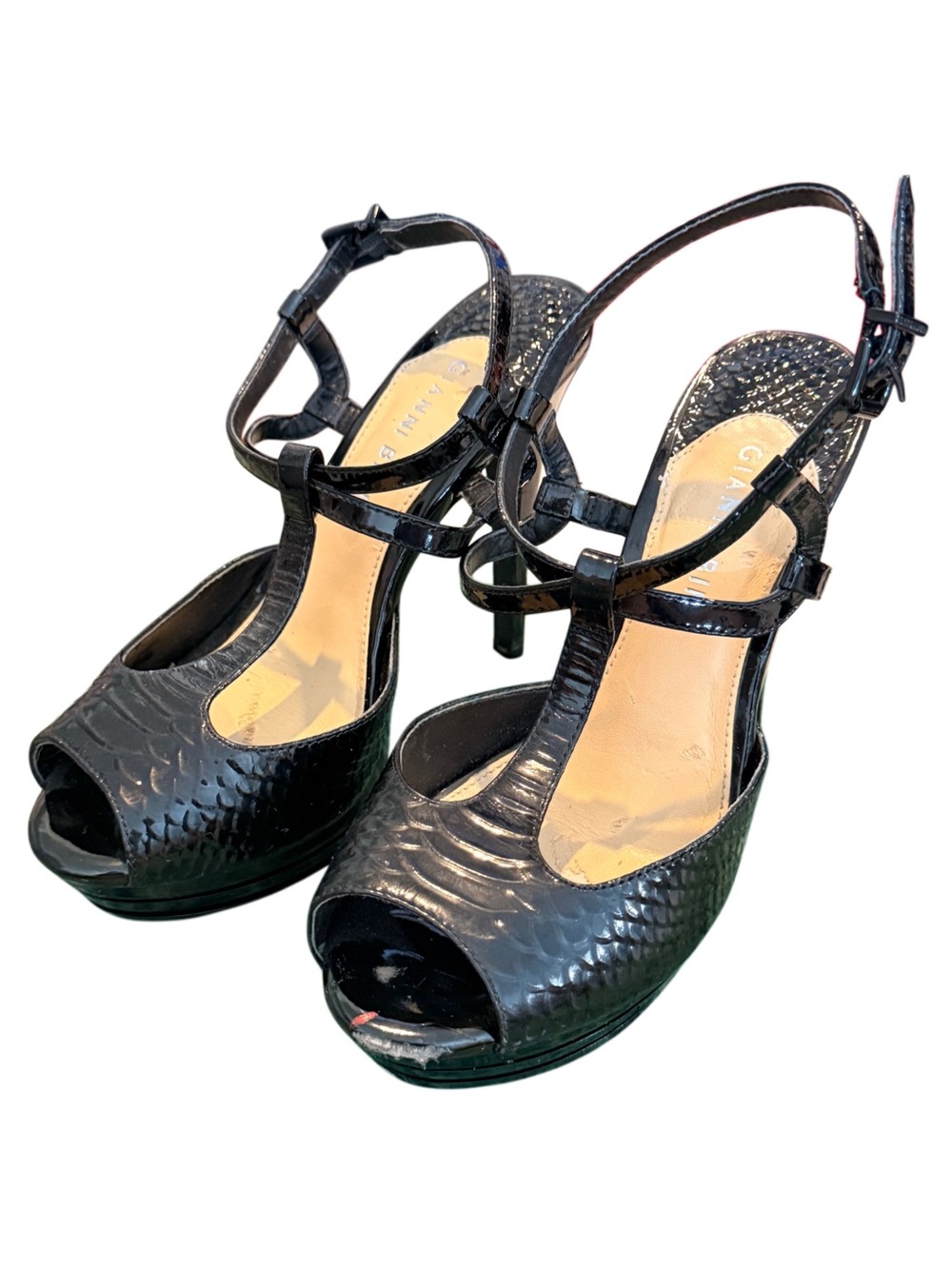 Y2K Gianni Bini Black T-Strap Peep Toe Platform Heels